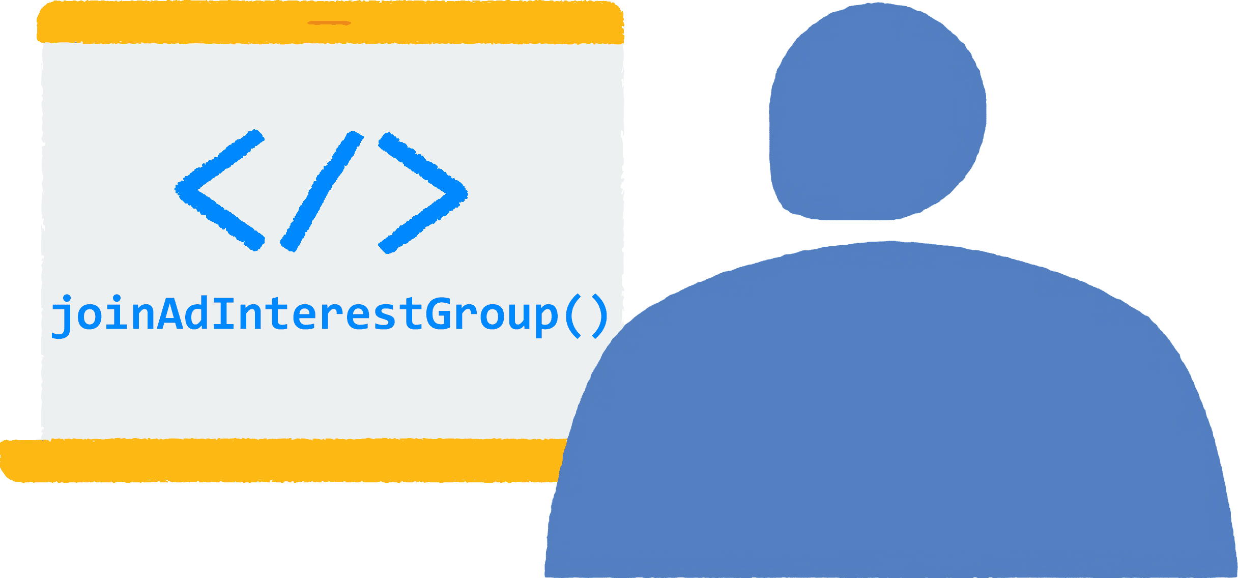 插图：显示一个人在笔记本电脑的浏览器中查看网站。JavaScript 代码 joinAdInterestGroup() 在浏览器中运行。