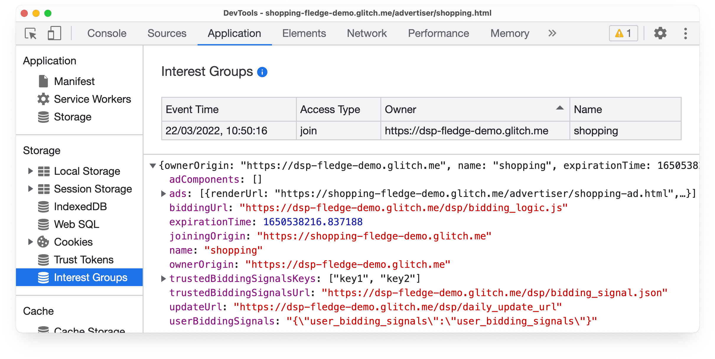 The
DevTools Application panel in Chrome Canary, showing information about a Protected Audience interest group
join event.