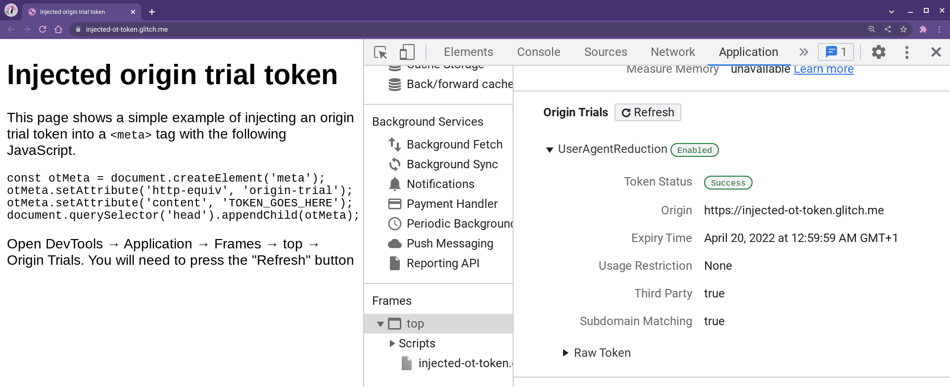 DevTools показывает статус исходной пробной версии в разделе «Приложения».