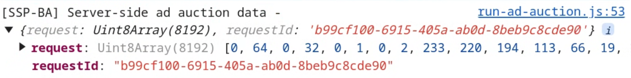 Capture d&#39;écran des outils pour les développeurs Chrome montrant que la demande et l&#39;ID de demande sont disponibles dans les données des enchères d&#39;annonces.