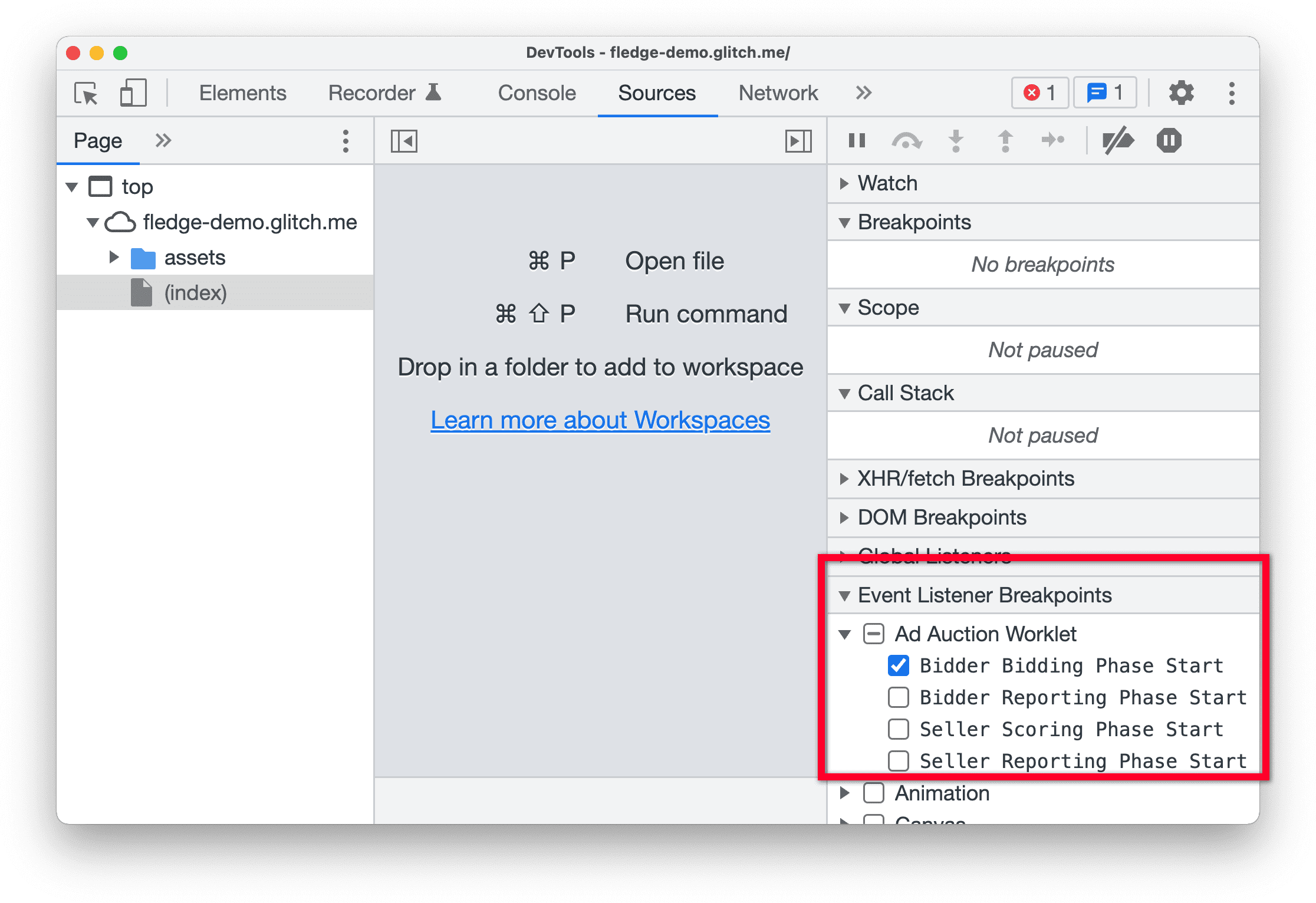 Herramientas para desarrolladores en Chrome Canary, en el que se destaca el panel de puntos de interrupción del objeto de escucha de eventos en el panel Fuentes La opción Comienzo de la fase de oferta por el ofertante se selecciona en la worklet de subasta de anuncios.