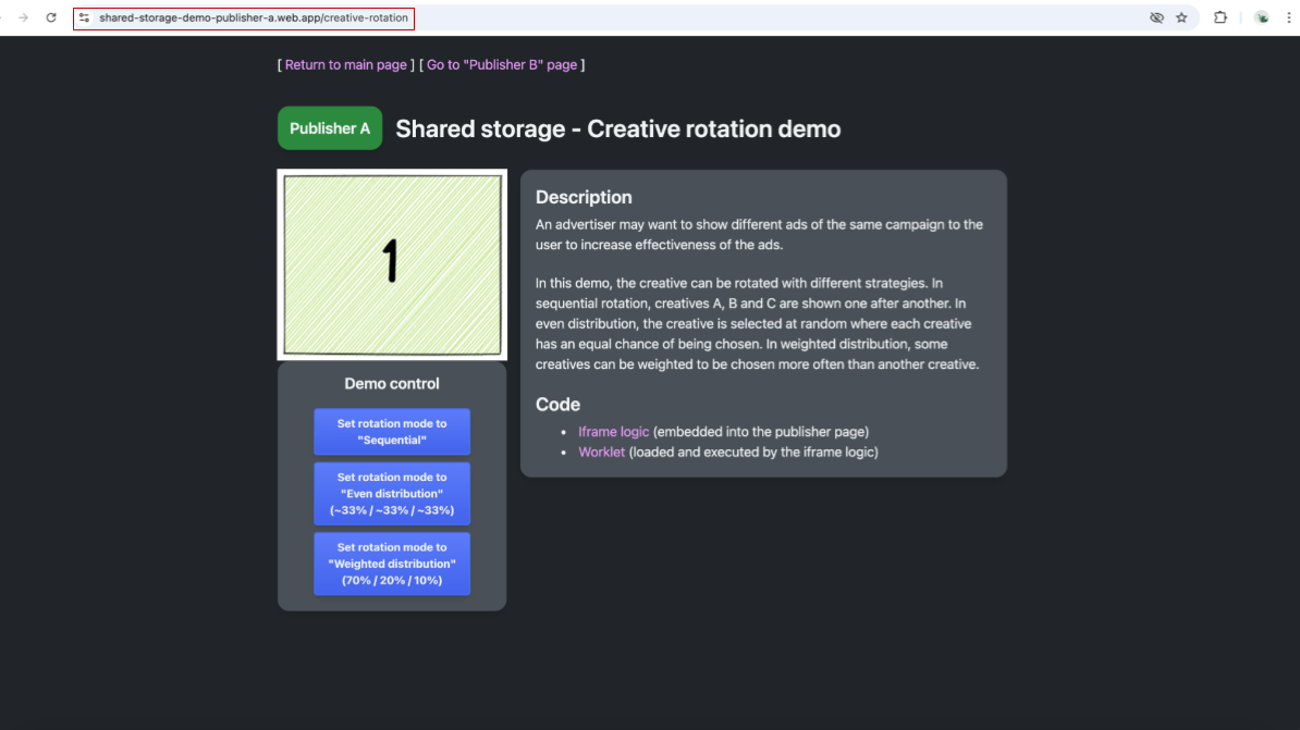 A Yayıncı&#39;nın https://shared-storage-demo-publisher-a.web.app/creative-rotation sayfasının içeriğini gösteren ekran görüntüsü. Sayfada, 1 sayısının resmini içeren bir iFrame ve reklam öğesi rotasyonu stratejilerini (sıralı, eşit dağıtım ve ağırlıklı dağıtım) seçmek için kontroller yer alıyor. Ayrıca, farklı reklam öğesi rotasyon stratejilerini ve iframe ile iş parçası mantıklarının bağlantılarını açıklayan bir metin alanı da vardır.