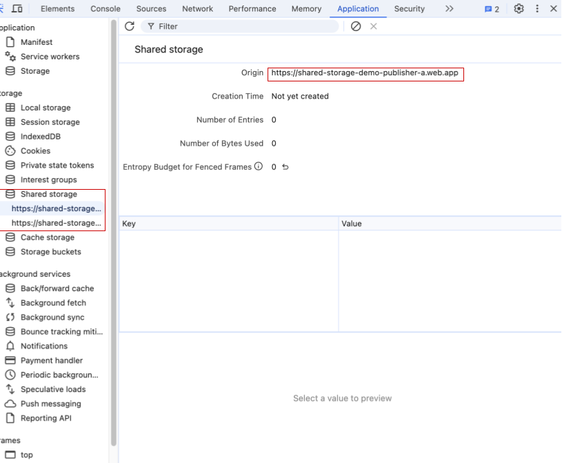Zrzut ekranu przedstawiający Narzędzia dla programistów w Chrome, w szczególności sekcję Aplikacja, z wyróżnionymi wpisami w pamięci współdzielonej i pokazaniem pustej pamięci dla pochodzenia „Publisher A” https://shared-storage-demo-publisher-a.web.app