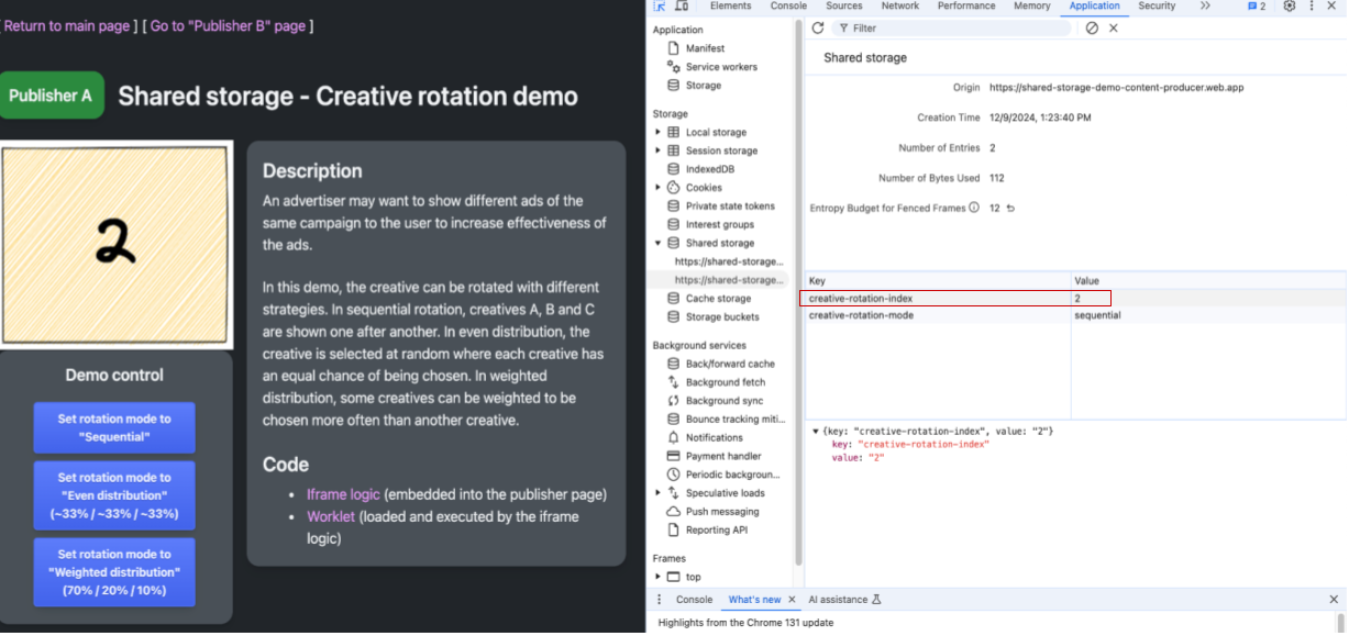 "Yayıncı A" web sayfasını ve Paylaşılan Depolama Alanı bölümünü gösteren DevTools'u gösteren ekran görüntüsü. Sayfadaki reklam öğesi 2 olarak etiketlenirken, reklam öğesi rotasyonu dizini anahtarının değeri de gösterilen reklam öğesinin diziniyle eşleşen 2 olarak vurgulanır. Mevcut reklam öğesi rotasyon modu sıralı olarak gösterilir.